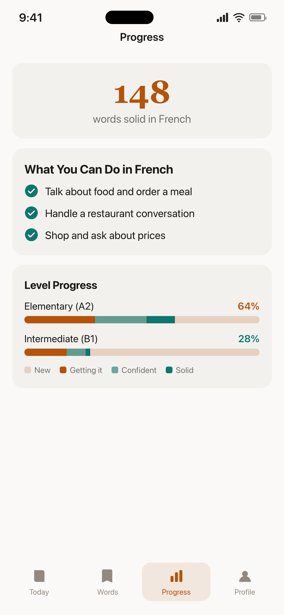 Progress: what you can do in French, per-level progress bars, and a Solid Words gauge