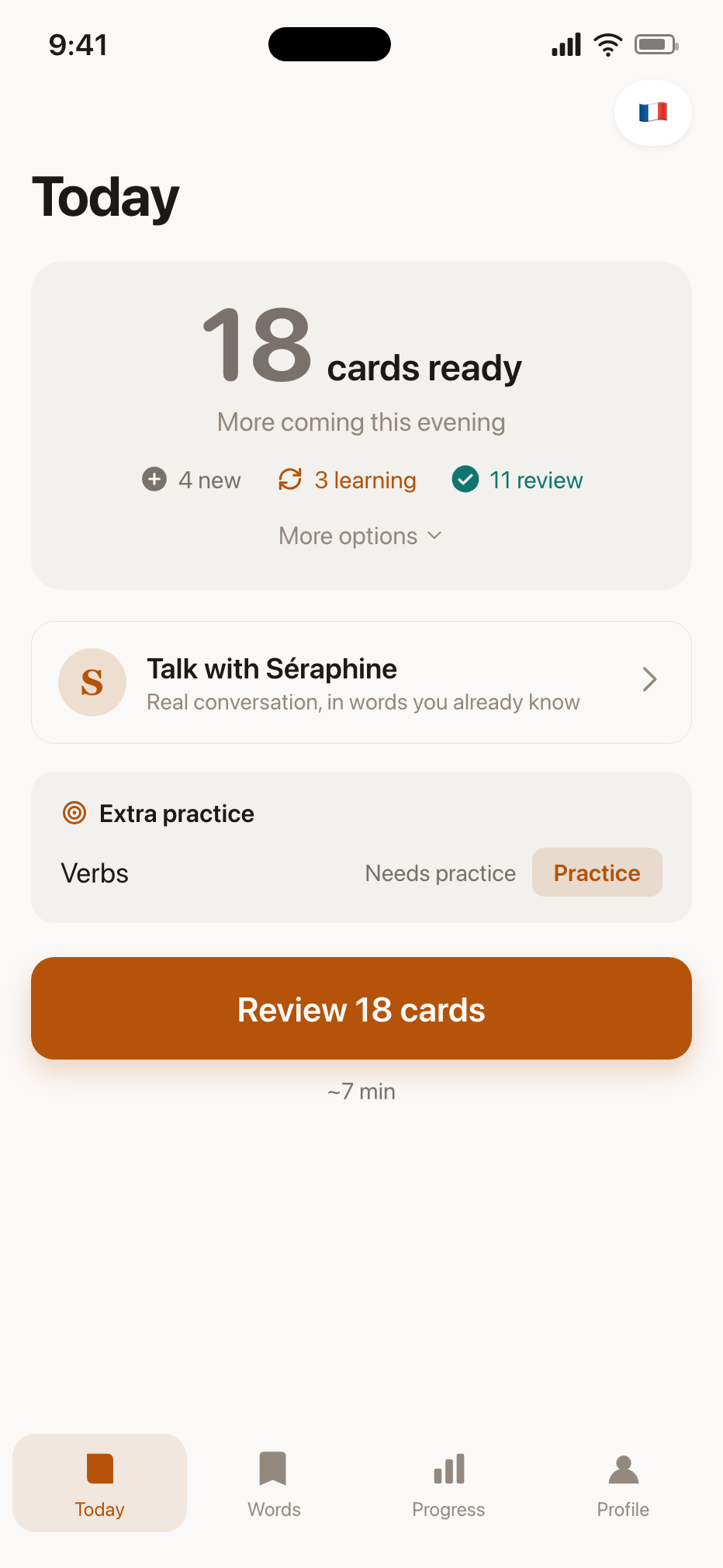 Tongueforge Today screen: 24 cards ready, a Start button, and Talk with Séraphine