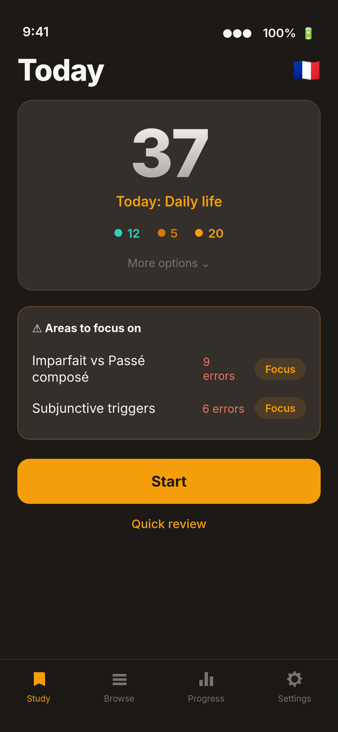 TongueForge Today screen with cards due
